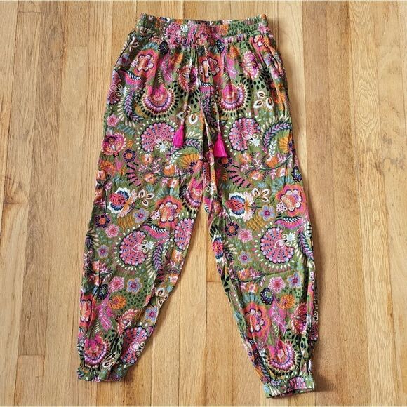 Boden Green Jogger Pants with pink and orange Paisley Floral details - Picture 1 of 4